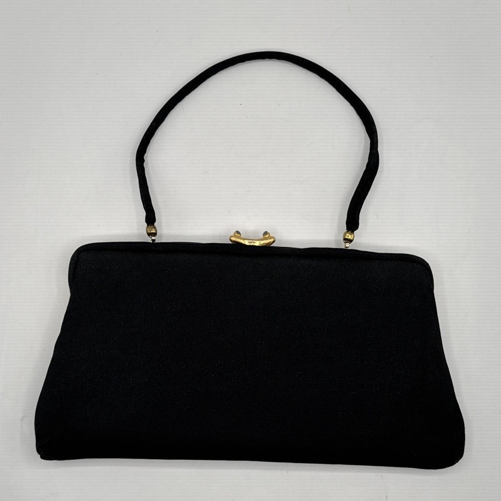 Vintage Clutch Handbag Black Fabric Removable Strap Cocktail Party Tradwife